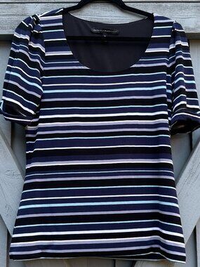 White House Black Market Top M Striped Scoop Neck Puff Sleeve Stretch WHBM